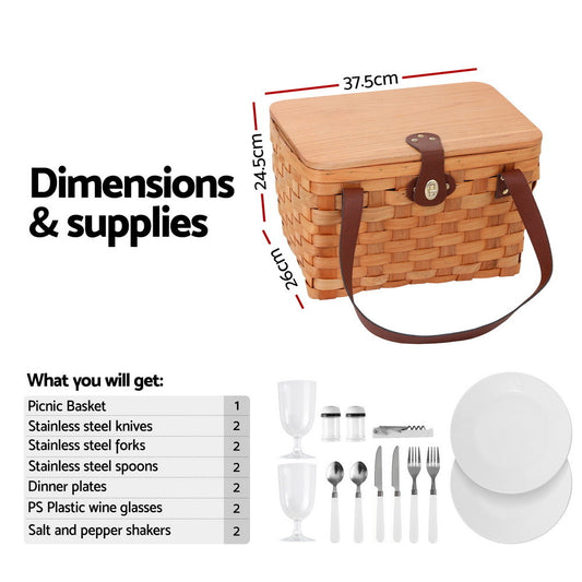 Alfresco 2 Person Picnic Basket Set Wooden Cooler Bag Plates Outdoor Insulated