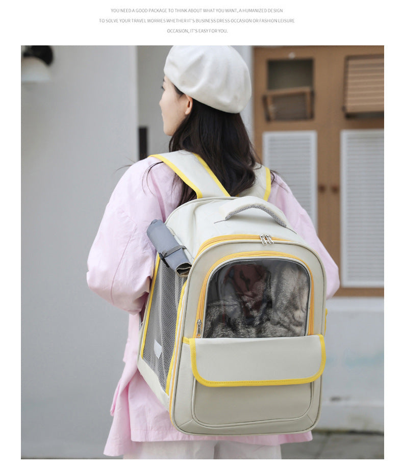 Beige And Green Spacious Pet Carrier Backpack with Clear Window - Comfortable Travel Bag for Cats & Small Dogs