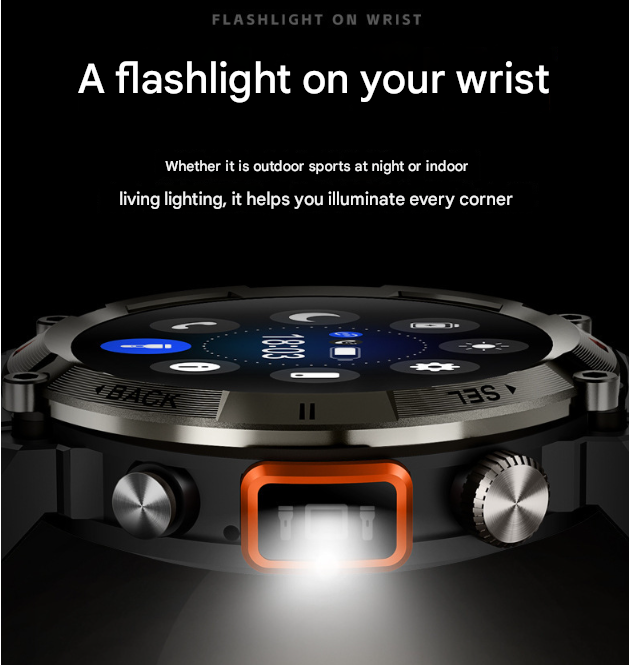 Black-red Outdoor Smartwatch with 1.45-Inch HD Round Screen and Flashlight