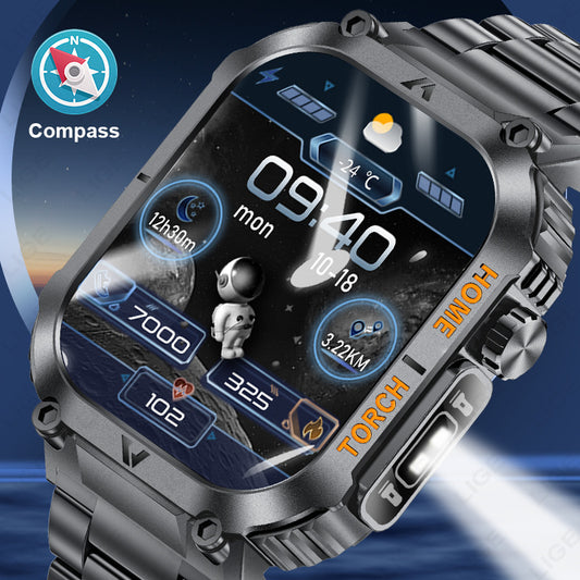Smartwatch with Flashlight, Compass & Wireless Calling - Health & Fitness Tracker(Silver case with silver steel + black silicone)