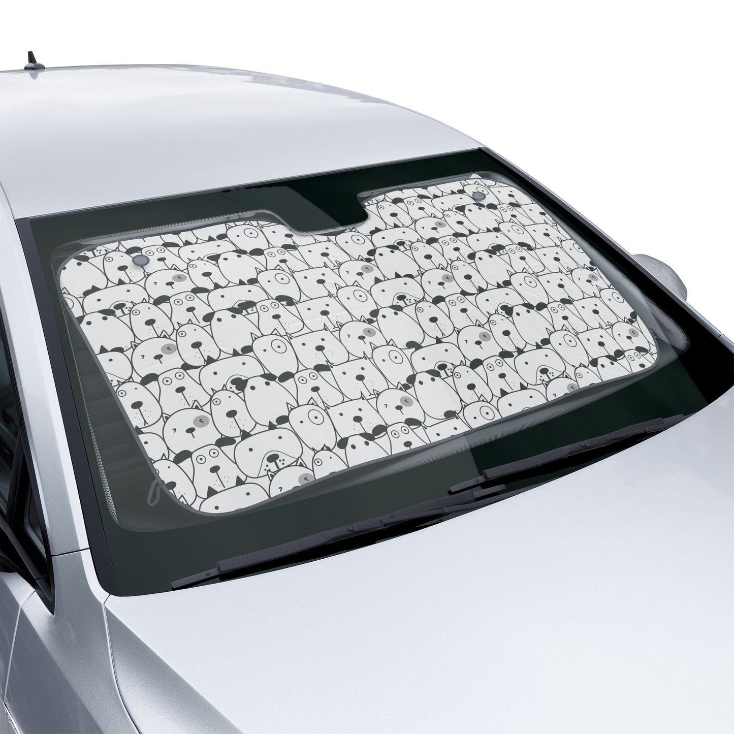 Cartoon Bear Pattern Car Sunshade — Cute Black & White Front Windshield Shade