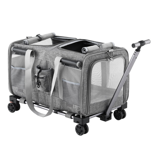 i.Pet Pet Carrier Swivel Wheels Foldable Cat Dog Trolley Stroller Travel Bag Grey