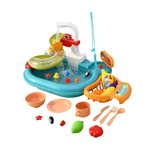 Keezi Kids Pretend Play Kitchen Sink with Faucet Floating Fishing Toys Play food