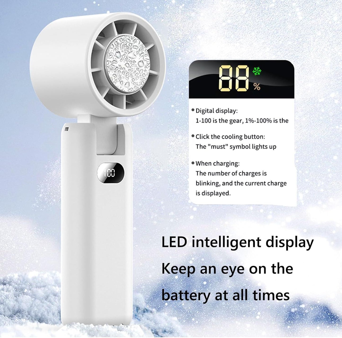 Portable Handheld Turbo Fan with Cooling Tech, Digital Display, 100-Speed Control, Rechargeable 4-in-1 Personal Fan for Travel, Outdoor, Office (White)