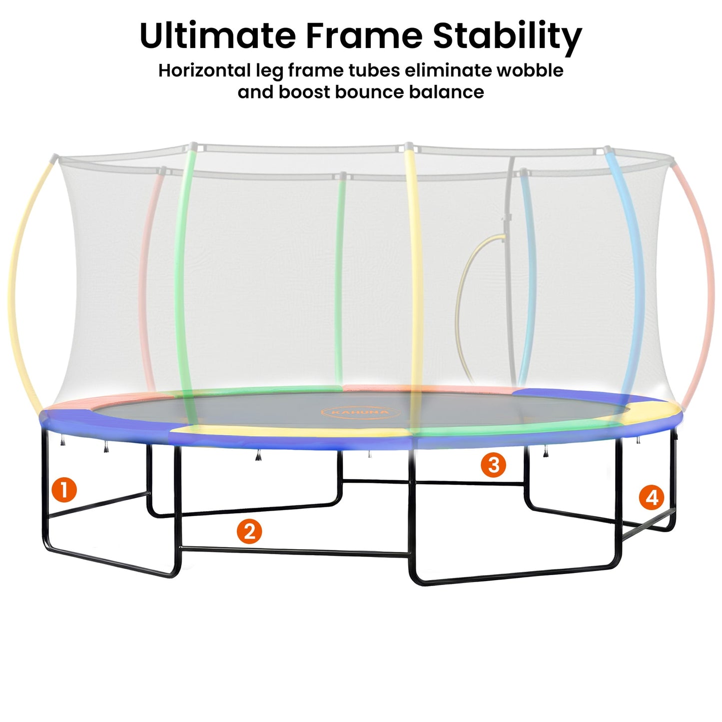 Kahuna 10 ft x 15 ft Oval Outdoor Trampoline w/ Basketball Set Reversible Rainbow & Orange Safety Pad Safety Net Ladder