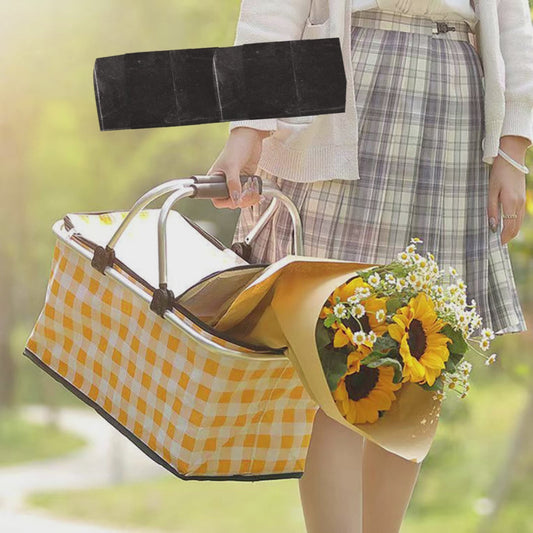 Collapsible Outdoor Camping Portable Insulated Picnic Basket Camping Picnic Ice Pack(Red Grid)