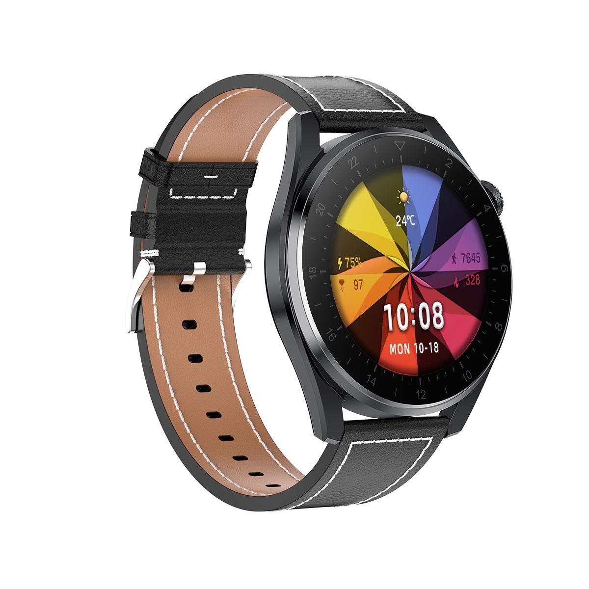 Waterproof Leather Smartwatch With Colour Display - Brown