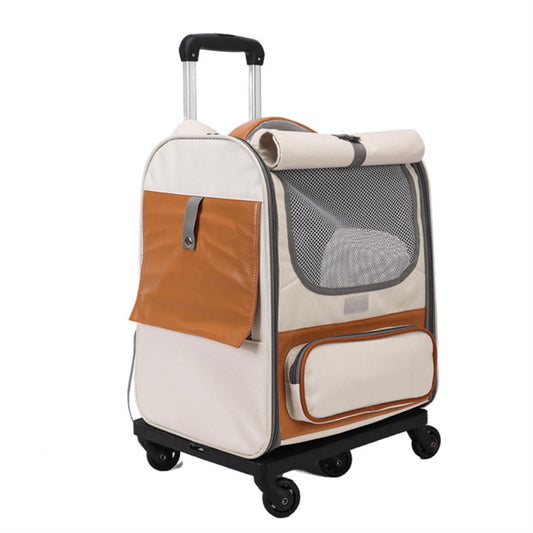 Beige Large Capacity Breathable Foldable Pet Trolley - Travel Cat Carrier with Wheels, Portable, Spacious, and Convenient for Two Cats