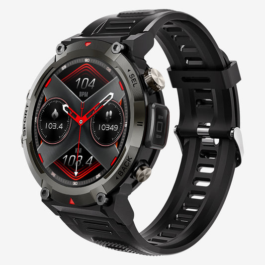 Black Outdoor Smartwatch with 1.45-Inch HD Round Screen and Flashlight