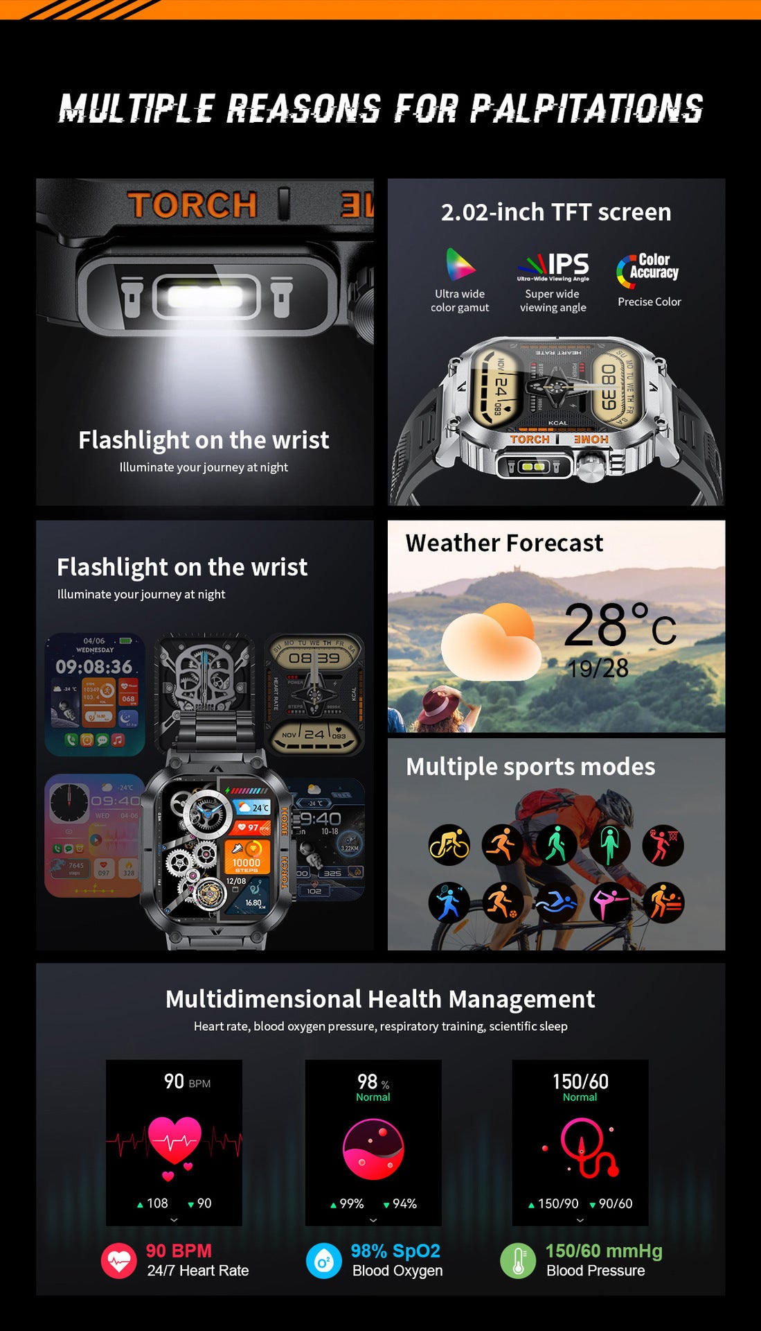 Smartwatch with Flashlight, Compass & Wireless Calling - Health & Fitness Tracker(Silver case with silver steel + black silicone)