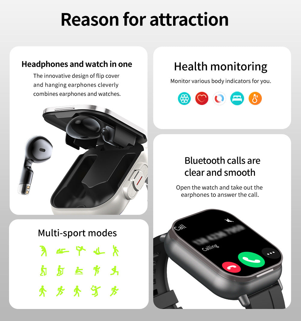 Black TPU Strap 2-in-1 Smartwatch with Built-in Earbuds - 2.01" HD Touchscreen, Bluetooth Calls, Health Monitor, Long Battery Life