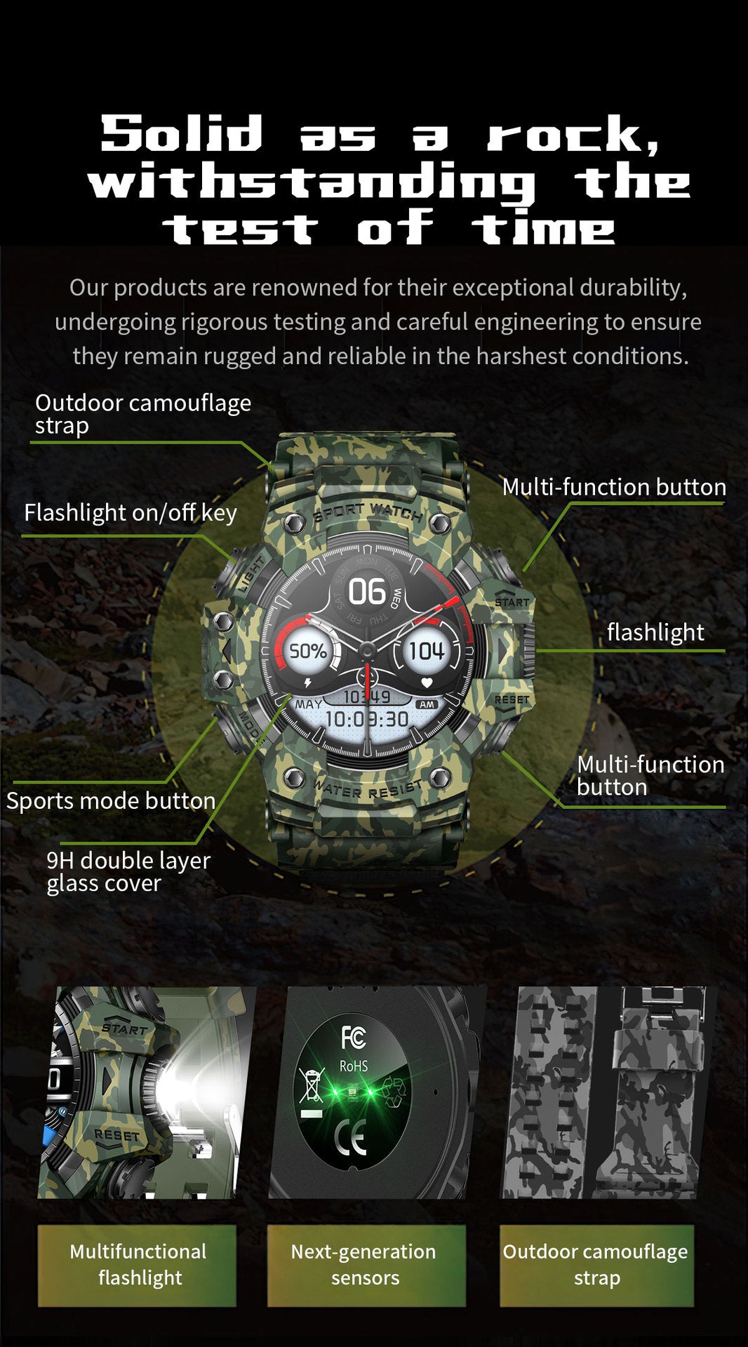 Rugged Outdoor Sport Smartwatch - HD Display, Compass, Flashlight, 100+ Sports Modes, Health Monitoring & Bluetooth Calls(Camouflage blue)