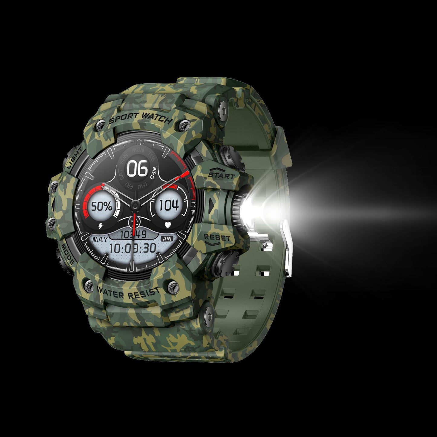 Rugged Outdoor Sport Smartwatch - HD Display, Compass, Flashlight, 100+ Sports Modes, Health Monitoring & Bluetooth Calls(Camouflage green)