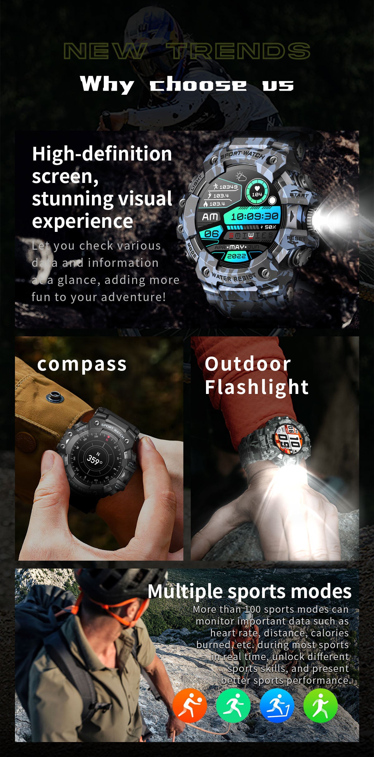 Rugged Outdoor Sport Smartwatch - HD Display, Compass, Flashlight, 100+ Sports Modes, Health Monitoring & Bluetooth Calls(Denim blue)