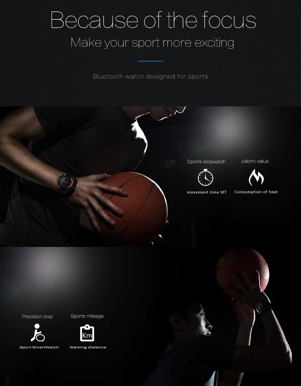 Rugged Sports Smartwatch - 50M Waterproof, 24H 3D Pedometer, Bluetooth Notifications & Long Battery Life(Black with gold text)