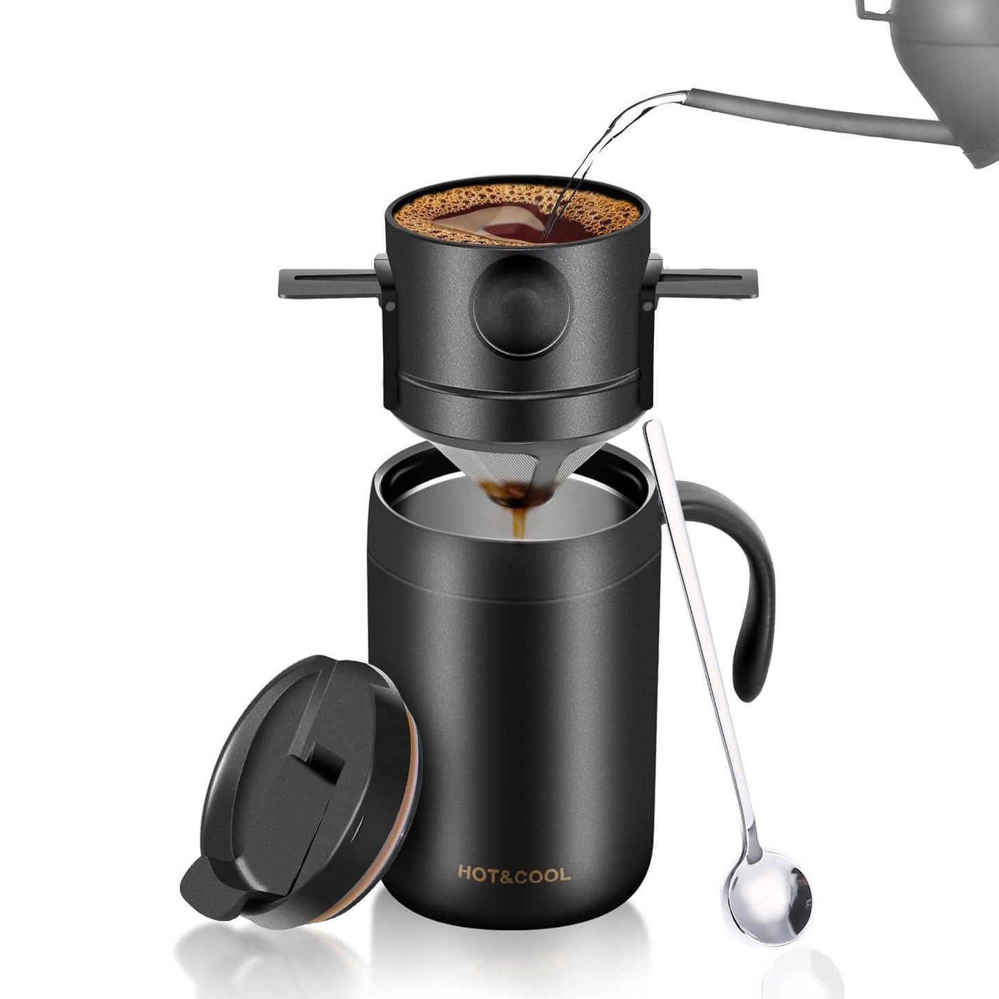 Black Portable Pour Over Coffee Maker Set Insulated Stainless Steel Travel Mug with Reusable Drip Filter and Spoon 3 Piece Kit