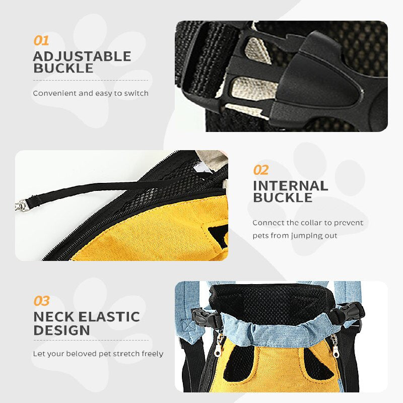 Yellow denim blue Pet Carrier Backpack Front Chest Pack Legs Out Breathable Mesh for Small Dogs Cats Hiking Travel Hands Free Adjustable Design(Size:S)
