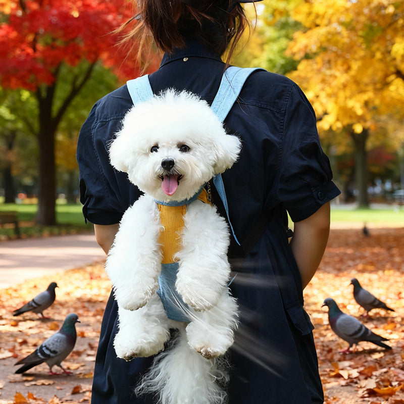 Red denim blue Pet Carrier Backpack Front Chest Pack Legs Out Breathable Mesh for Small Dogs Cats Hiking Travel Hands Free Adjustable Design(Size:M)